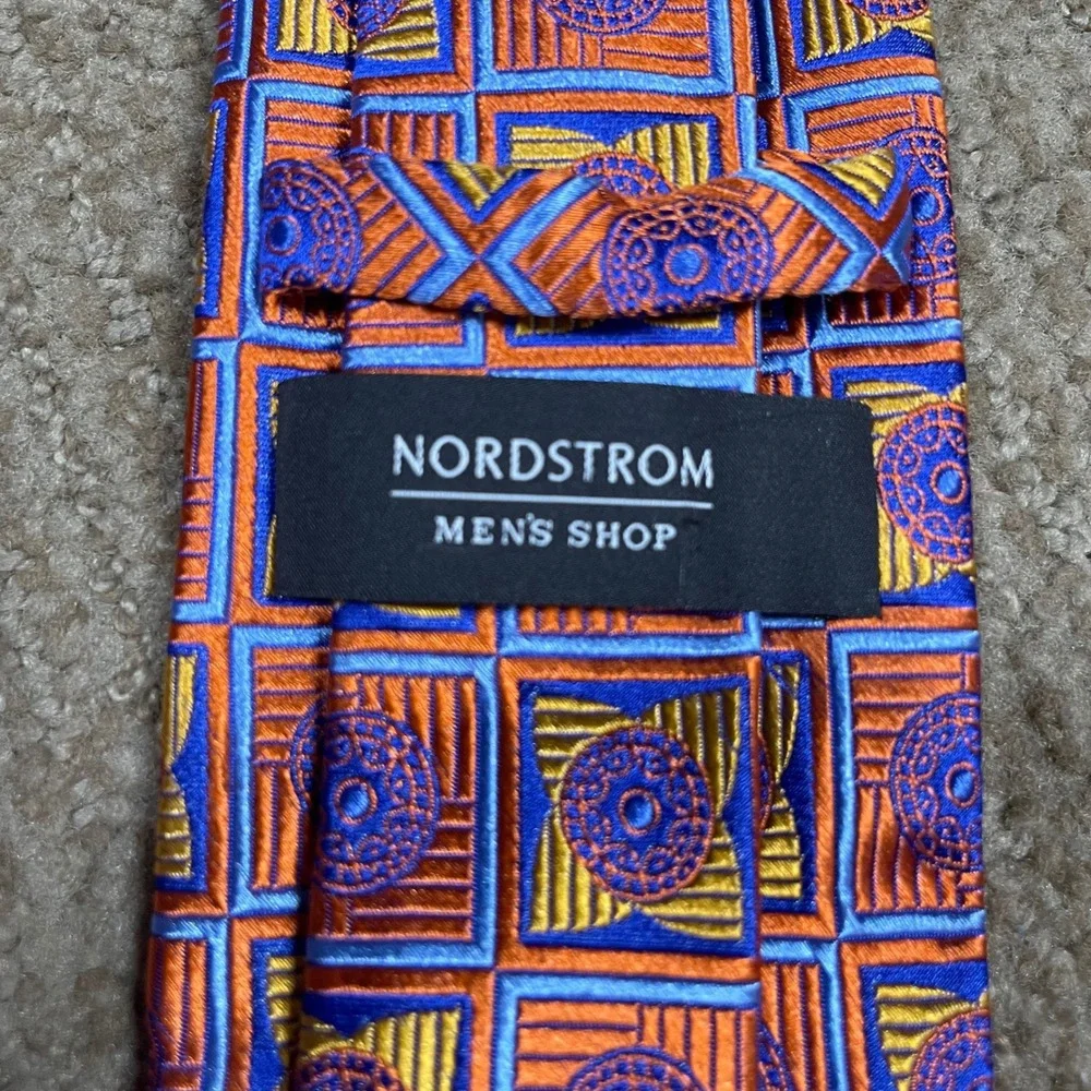Nordstrom Men's Shop Silk Necktie OS Orange Blue Geometric Medallion Woven Tie